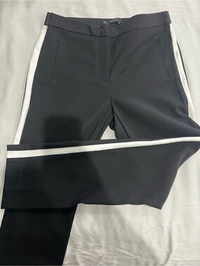 Zara Black Trousers with White Side Stripe Slim Leg Dress Pants - Large